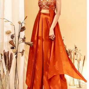 Women’s Orange Embellished Wide-Leg Lehenga Set